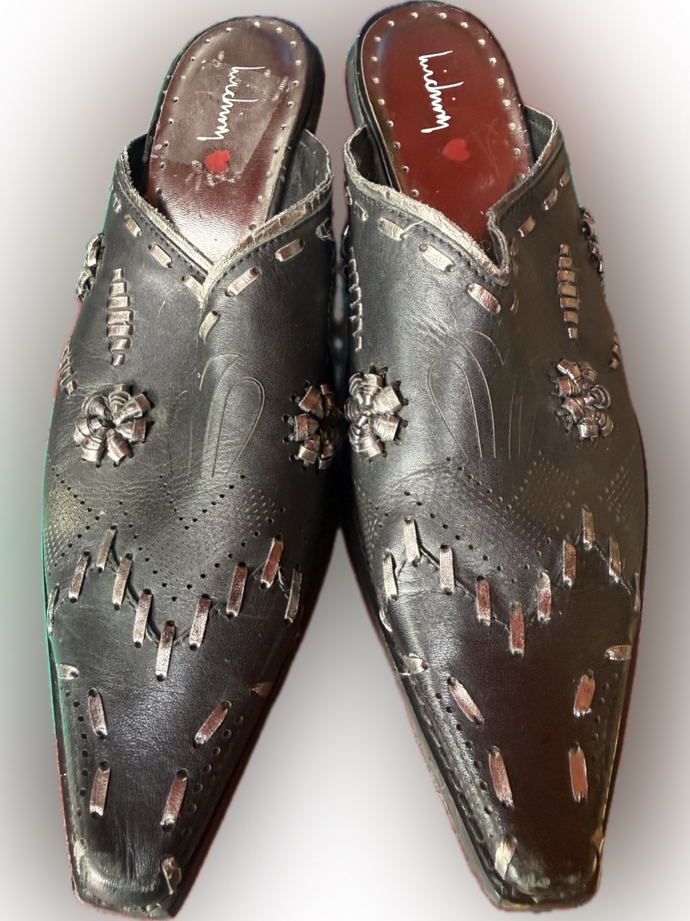 Black and silver metallic Leather Slip-On Mules with Floral Appliqué